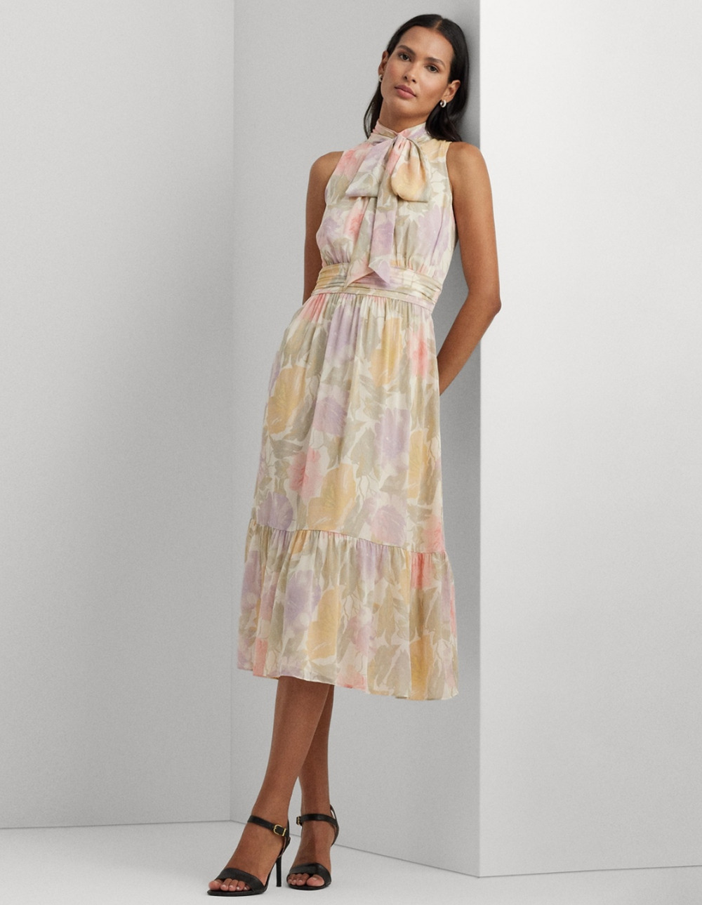 Lauren Ralph Lauren Women Floral Crinkle Georgette Tie Neck Dress Cream Size 16